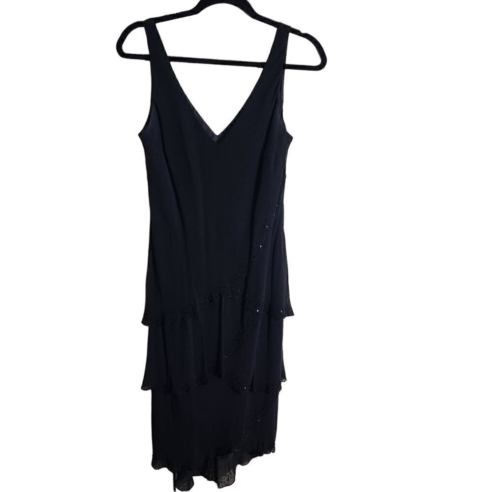 Jones New York Vintage Beaded Tiered 90s 100% Silk Black Dress Size 10